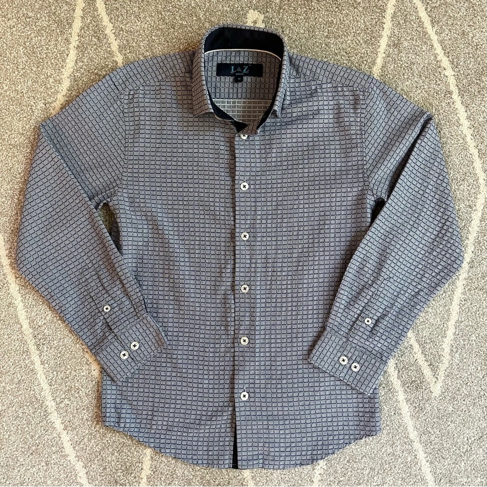Leo & Zachary Navy Blue Textured Plaid Long Sleeve Button Down Shirt Boys 10